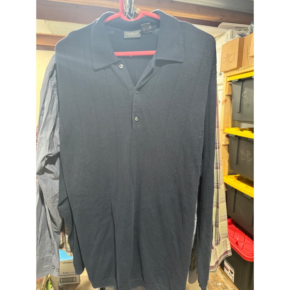 Van Heusen Mens Navy Blue Long Sleeve Knit Polo Sweater Large Cotton Blend Strip
